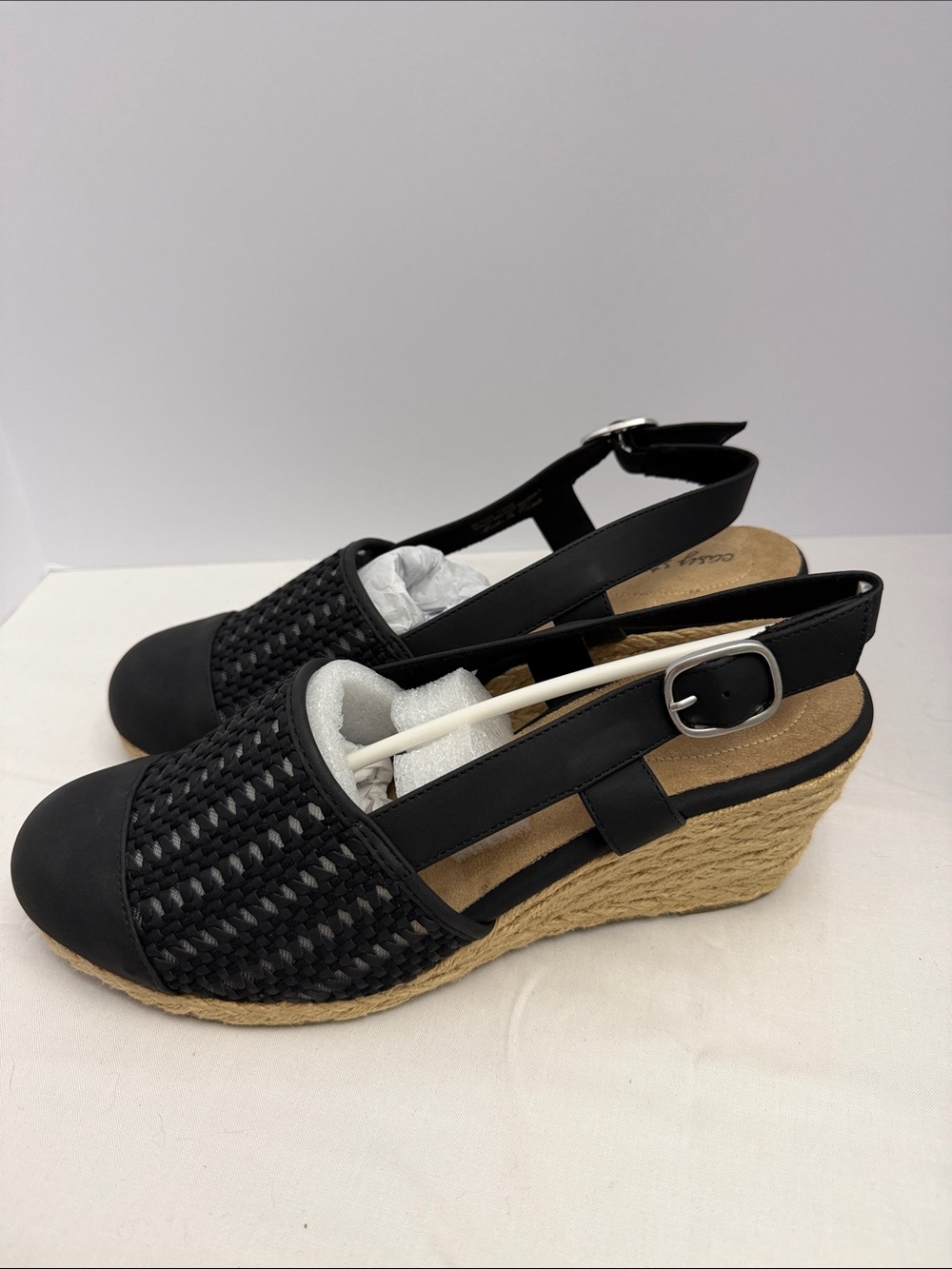 Easy Street Black Woven Espadrille Wedge Slingback Sandals size 10W